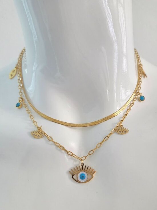 Jewelry - Gold Layered Evil Eye Necklace with Blue Eye Charms & Snake Chain